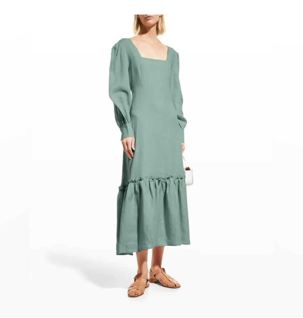 Harshman Bloom Sage Green Long Sleeve Square Neck Flounce Midi Dress Size S